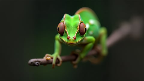 Vibrant Green Chameleon Camouflaged on Leafy Branch Desktop Preview