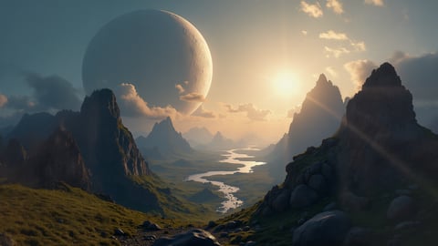 Lush Green Moon Gazing Upon a Bright Blue Earth-like Planet Desktop Preview