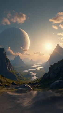 Lush Green Moon Gazing Upon a Bright Blue Earth-like Planet Mobile Preview