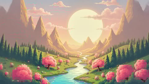 A Whimsical Candy Landscape with a Flowing River Desktop Preview