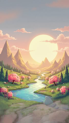 A Whimsical Candy Landscape with a Flowing River Mobile Preview