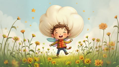 A Whimsical Illustration of a Girl Riding a Fluffy Cloud Desktop Preview