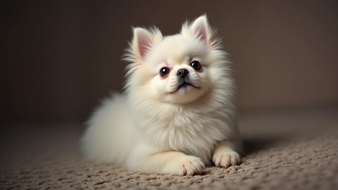 White Pomeranian with Bright Eyes in a Sunlit Room Desktop Preview