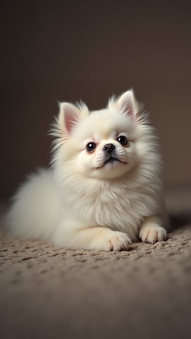 White Pomeranian with Bright Eyes in a Sunlit Room Mobile Preview
