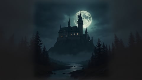 Gothic Castle at Night with Ominous Clouds Desktop Preview