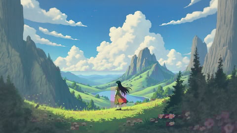 Howl’s Moving Castle Floating Above a Picturesque Landscape Desktop Preview