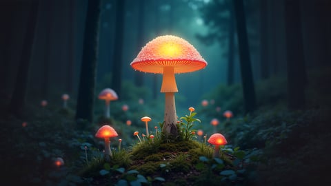 Mystical Forest with Glowing Mushrooms Desktop Preview