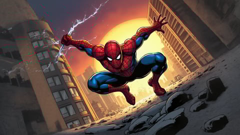 Spiderman Swinging Through the Cityscape Desktop Preview