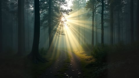 Sunbeams Piercing Through Morning Mist in a Pine Forest Desktop Preview