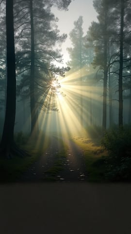 Sunbeams Piercing Through Morning Mist in a Pine Forest Mobile Preview