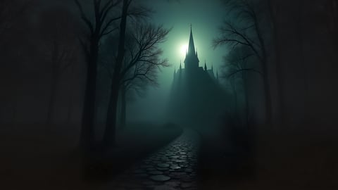 A Haunted House with Pumpkins and Full Moon Desktop Preview