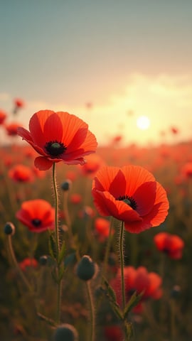 Vibrant Red Poppies Under a Clear Blue Sky Mobile Preview