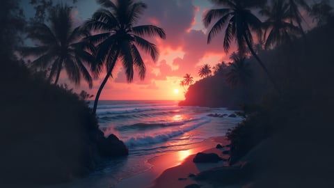 Tropical Beach Sunset with Palm Trees Desktop Preview