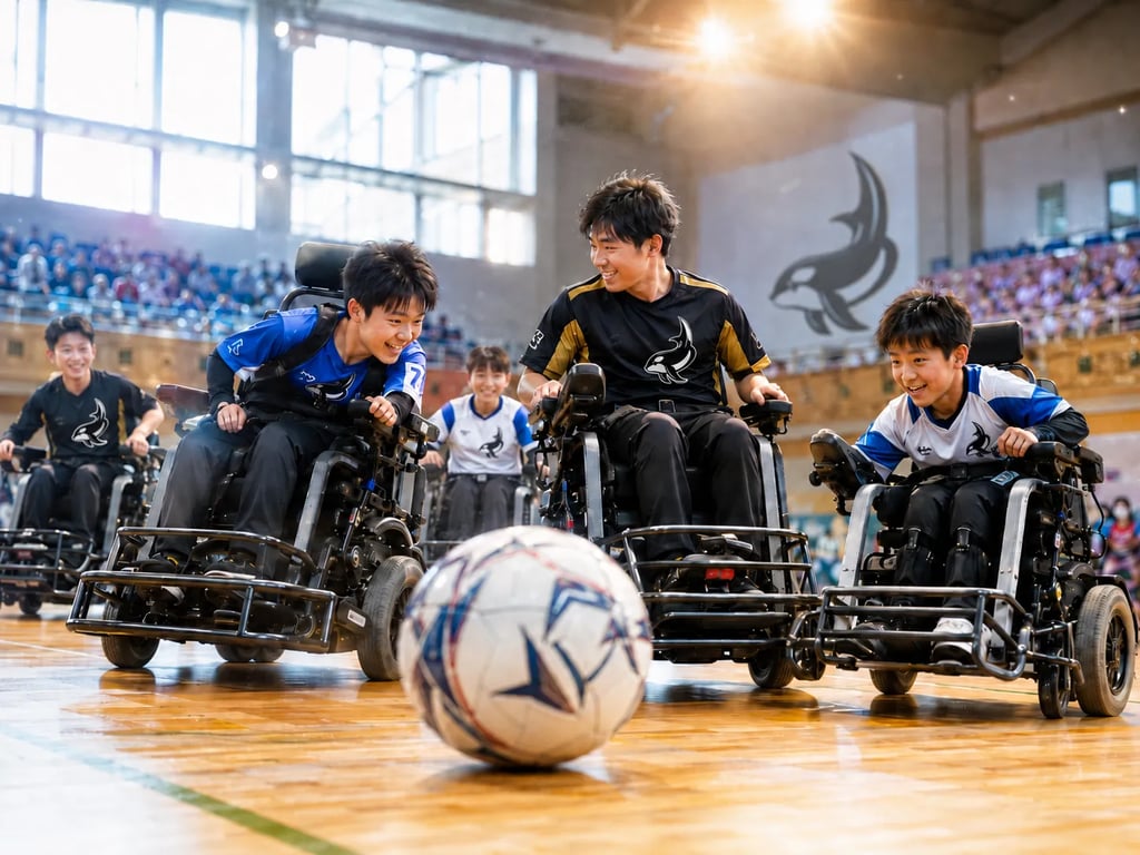体育館で若手選手とトップ選手が電動車椅子サッカーで真剣勝負する様子（※AI生成のイメージ画像です）