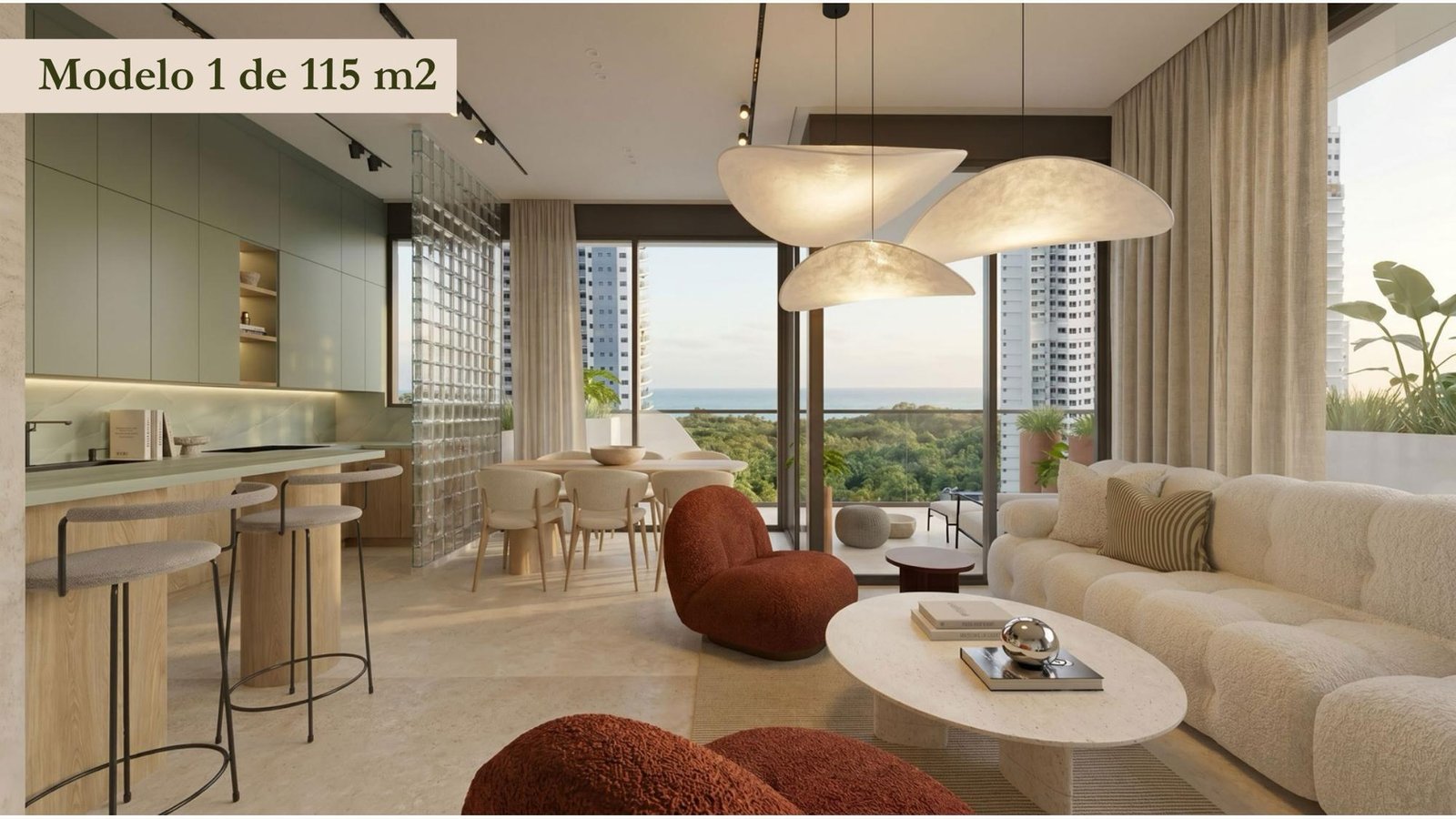 Sala y cocina de un apartamento con vista a la bahía