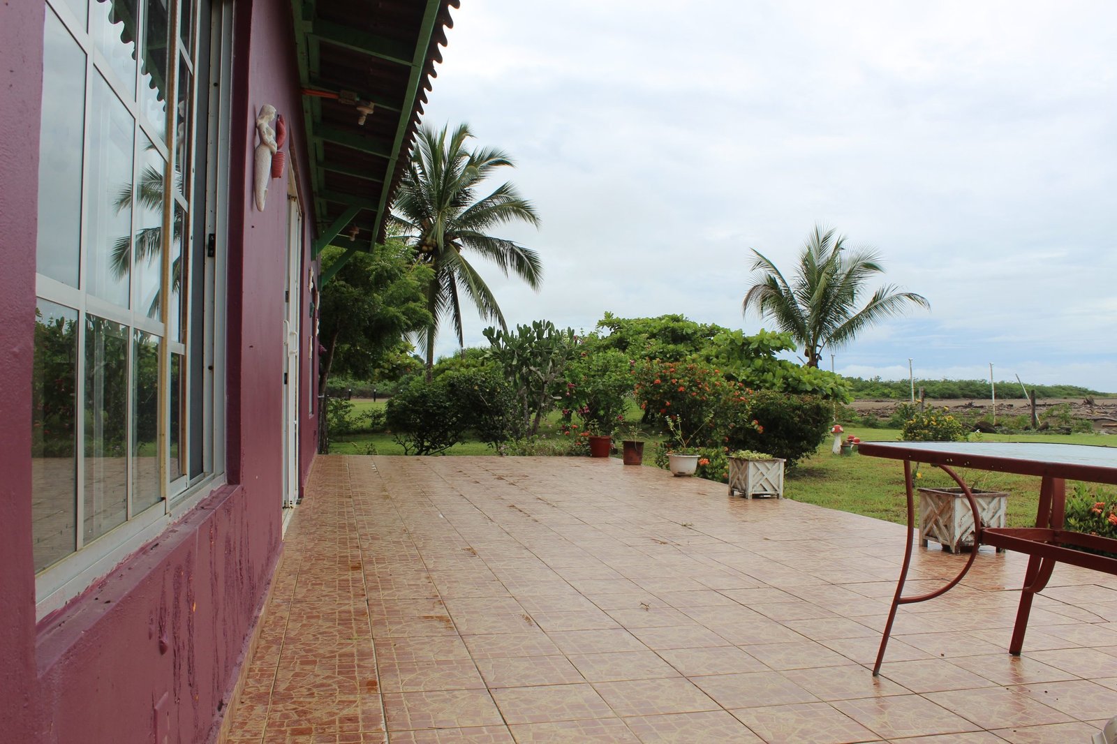 San Felix Fishing Lodge — terraza techada con palmeras