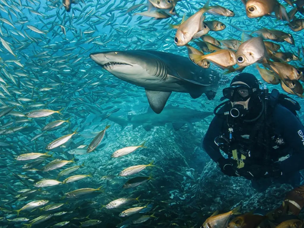 Diver next to a shark amid swirling fish