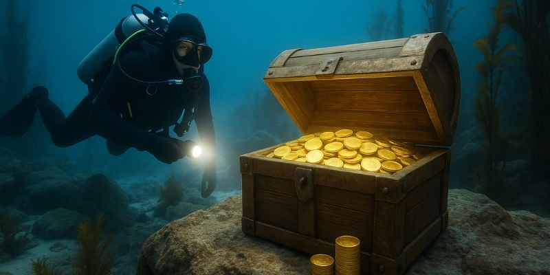 Scuba diver with underwater treasure chest - mobile view
