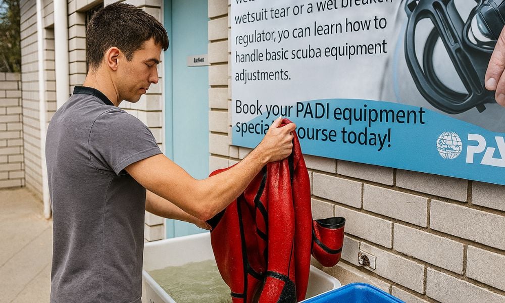 Diver washing thier wetsuit after a dive