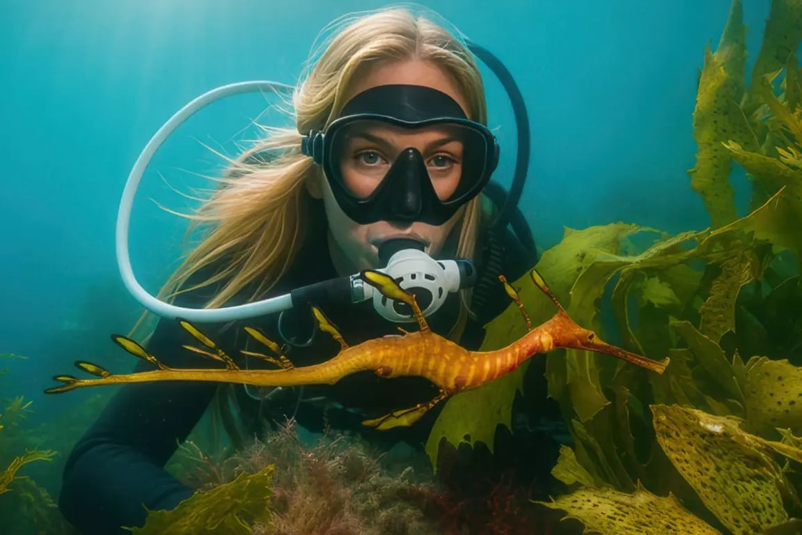 Sydney underwater scene with temperate marine life like weedy seadragons and kelp