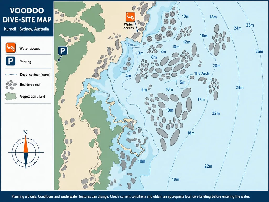 Standardised Voodoo Kurnell dive-site map showing depths, reef features, access and the Arch