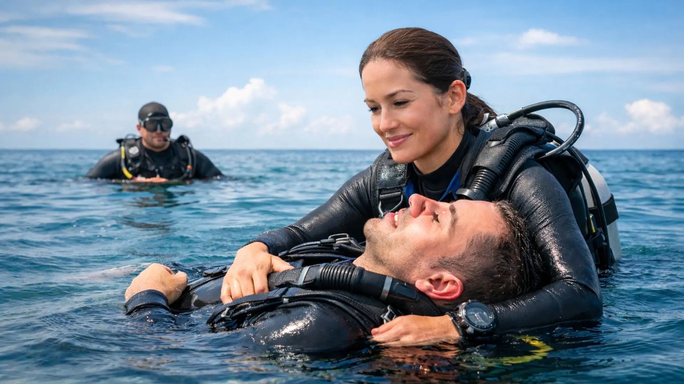 Diver practising rescue skills in open water