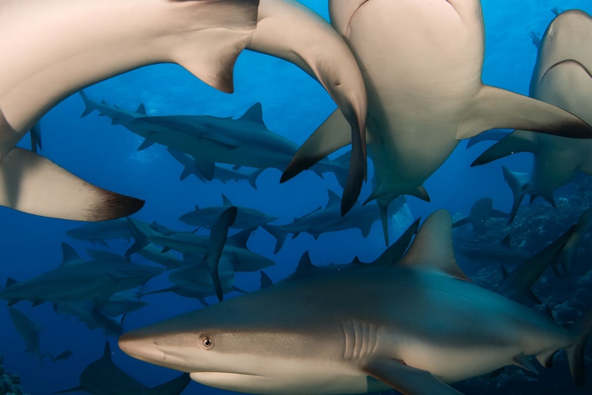 Close-up of multiple grey reef sharks in the Coral Sea.