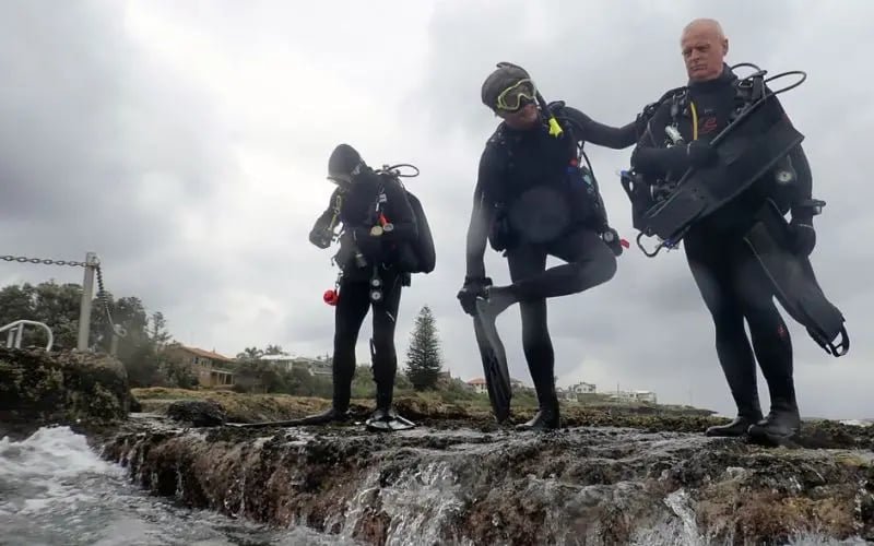 Sydney shore divers entering the water at Oak Park