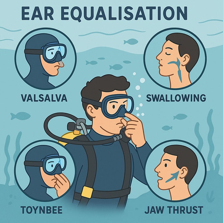 Illustration of ear equalization techniques for scuba divers.