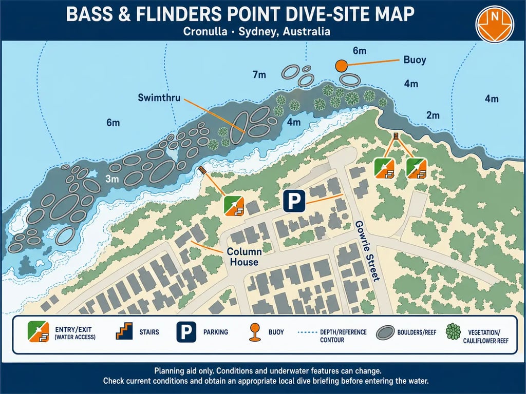Standardised Bass and Flinders Point Cronulla dive-site map showing depths, reef features and access