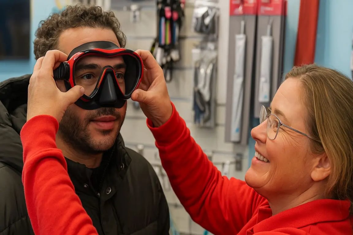 Close‑up of a properly fitted mask, snorkel and fins with a diver trying on a wetsuit