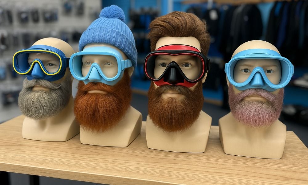 A selection of dive masks suitable for bearded divers displayed on a table.
