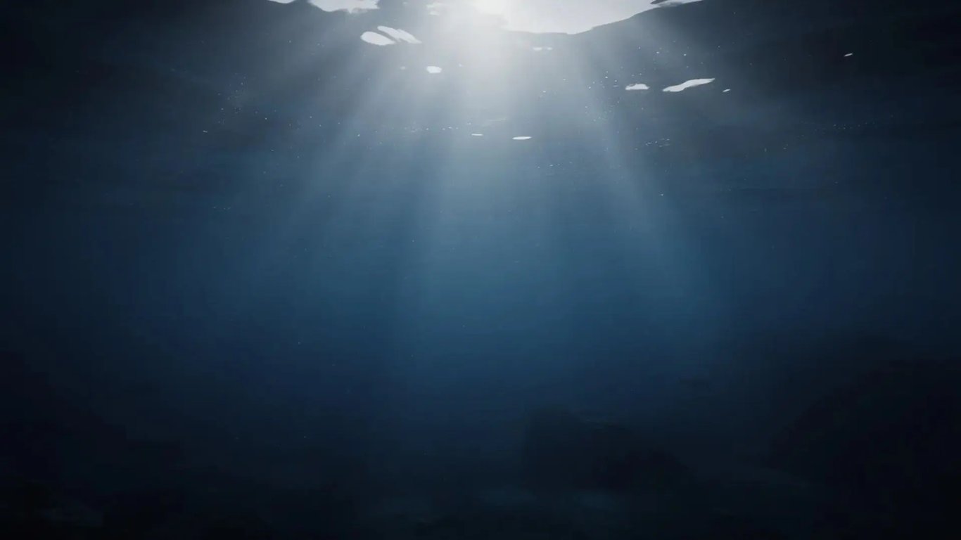 The image depicts a serene deep ocean environment, where rays of sunlight filter through the dark blue water, creating a tranquil atmosphere. This underwater scene is perfect for exploring the abyss, catching fish, and completing quests in Roblox, enhancing your gameplay experience.