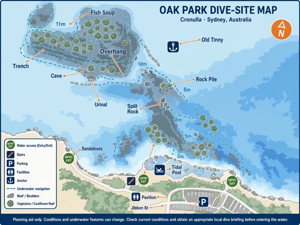 Standardised Oak Park Cronulla dive-site map showing depths, reef features and access