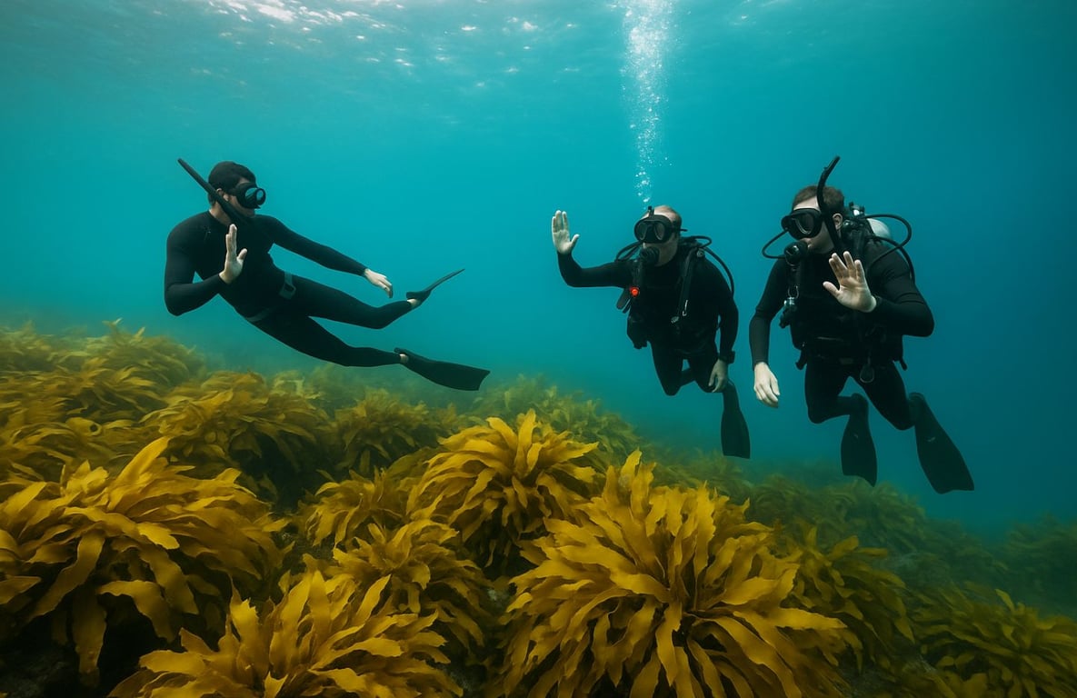 An underwater scene captures the vibrant marine life of Sydney, featuring lush kelp forests and rocky reefs teeming with colorful fish and other sea creatures. This diverse ecosystem is a perfect spot for both scuba divers and freedivers to explore the depths and discover the beauty of the ocean.