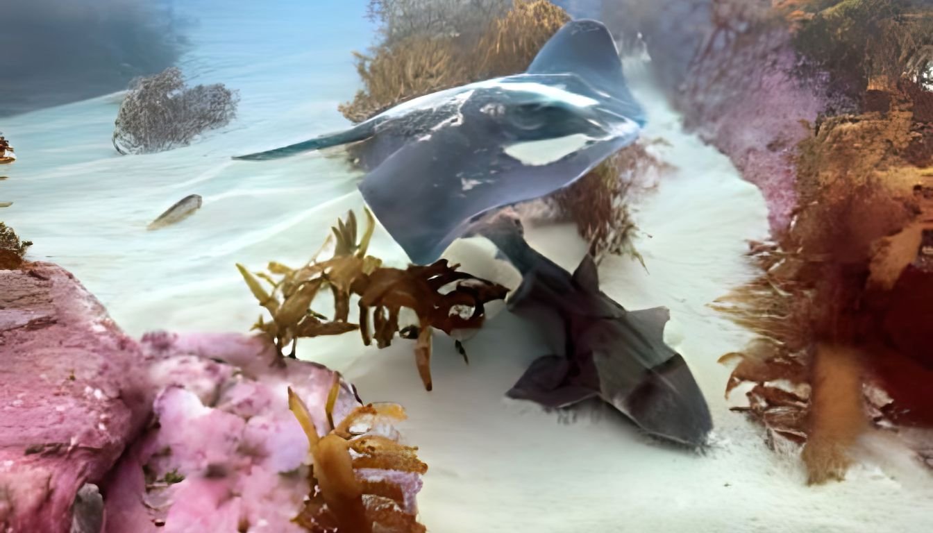 An underwater view showcases Sydney's vibrant reef system,  with large bull ray and port jackson shark