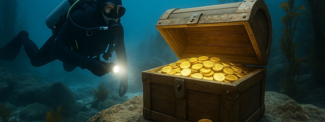 Scuba diver discovering underwater treasure chest