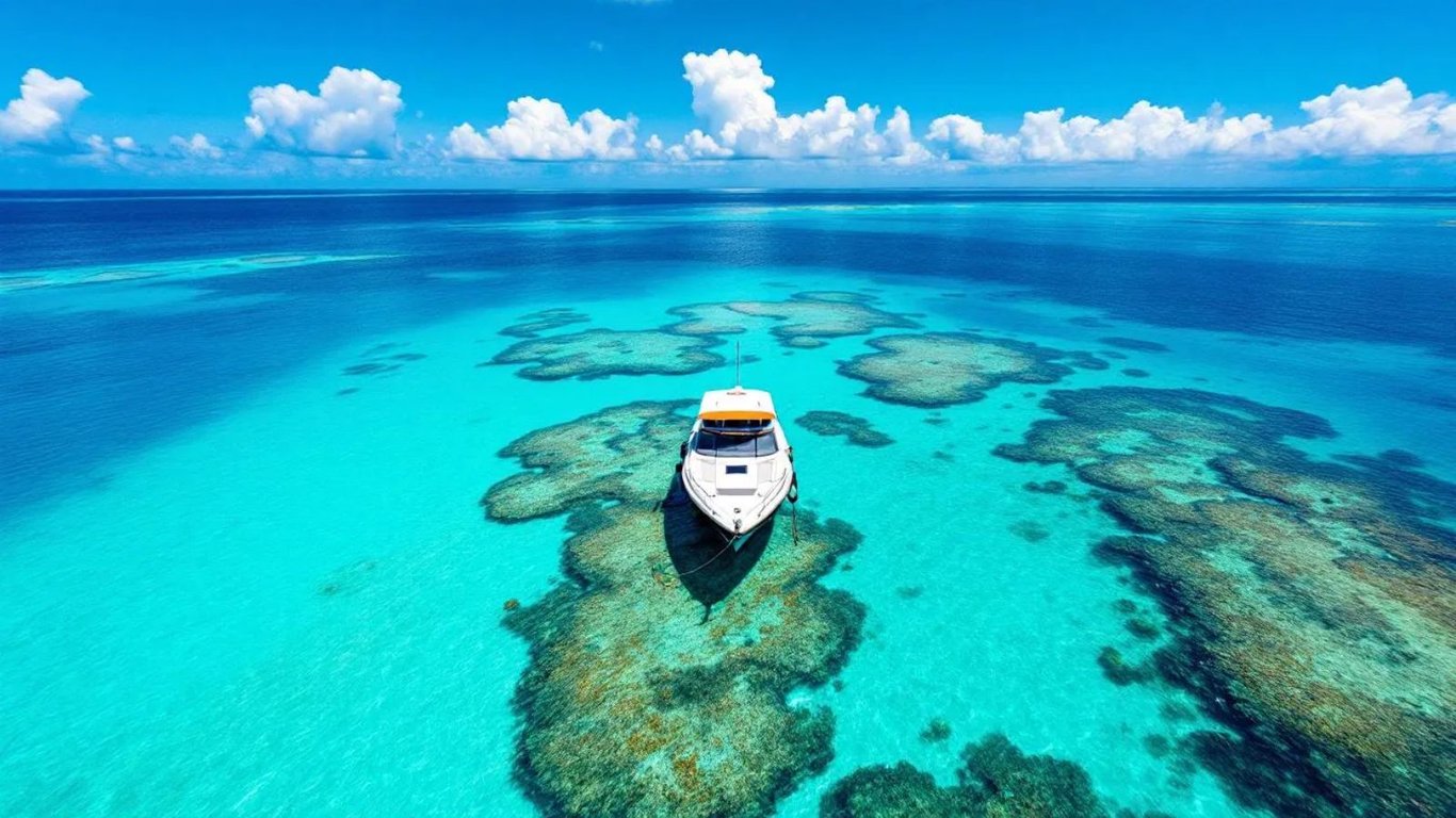 An aerial view showcases a diving boat anchored near a vibrant coral reef, surrounded by crystal clear blue water, perfect for a scuba diving adventure. The scene captures the essence of exploring the aquatic world, ideal for certified divers and those looking to learn to dive with amazing instructors in Australia.