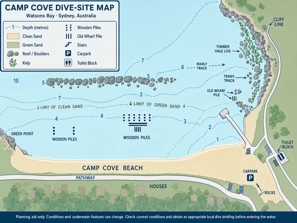 Standardised Camp Cove Watsons Bay dive-site map showing depths, seabed features, wooden piles and facilities