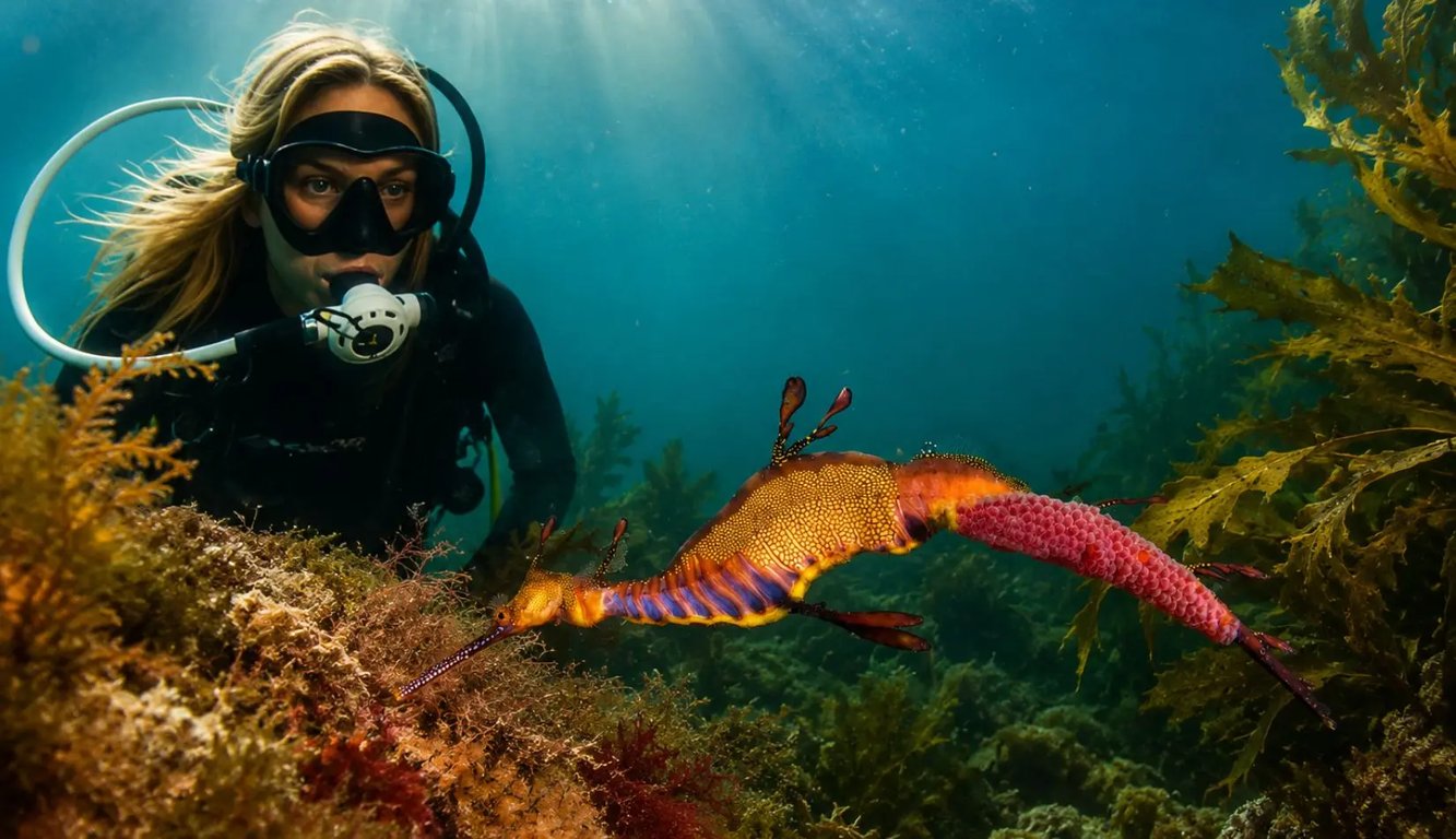 A certified scuba diver observes a vibrant weedy seadragon gracefully swimming above a colorful reef in Sydney. The underwater world is filled with marine life, showcasing the beauty and excitement of recreational diving.