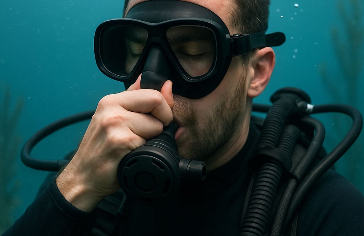 A close-up of a scuba diver underwater demonstrates proper equalization technique, showcasing the essential skills needed for effective air management while exploring the underwater world. This technique is crucial for scuba divers and freedivers alike, helping them stay relaxed and focused during their dives.