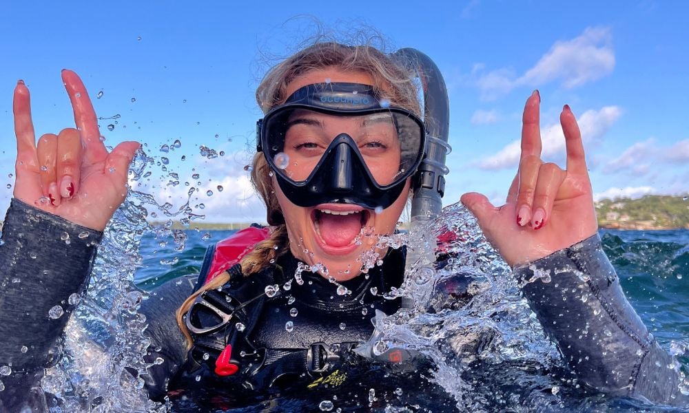 Beginner diver on after first dive at Bare Island
