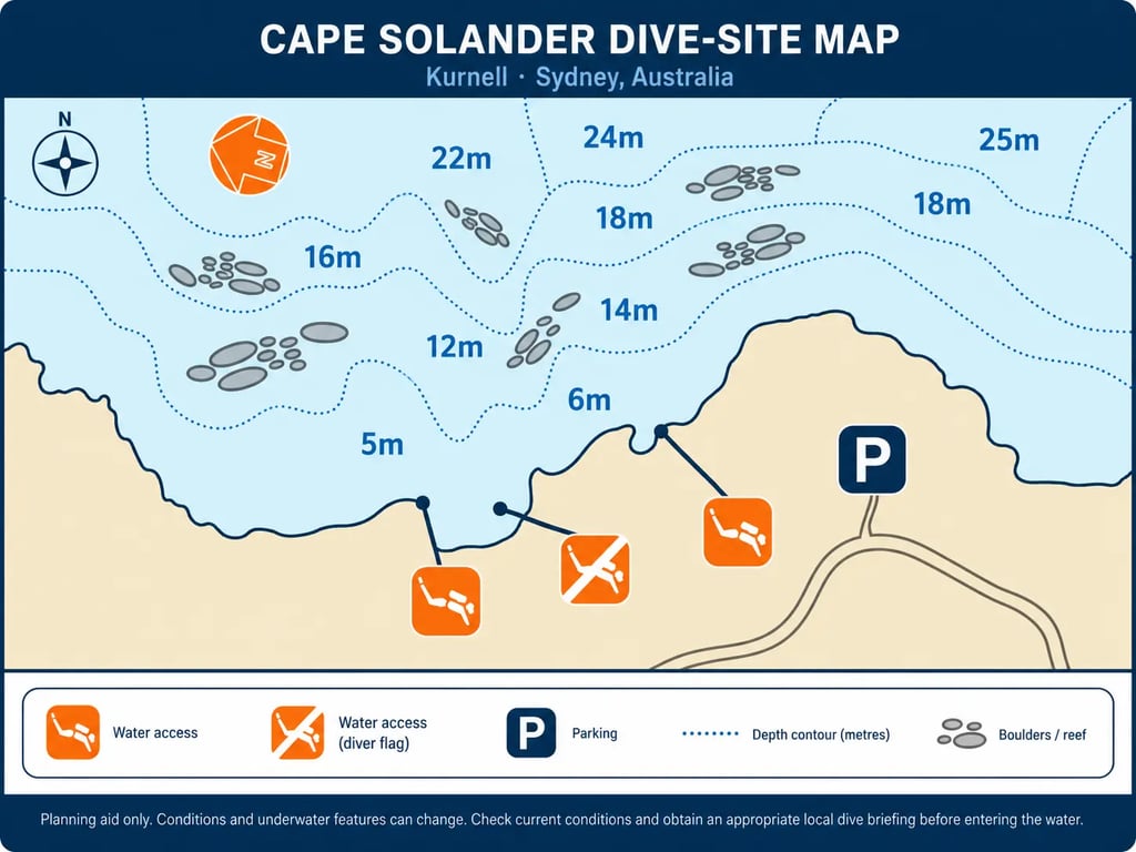 Standardised Cape Solander Kurnell dive-site map showing depths, reef features and access