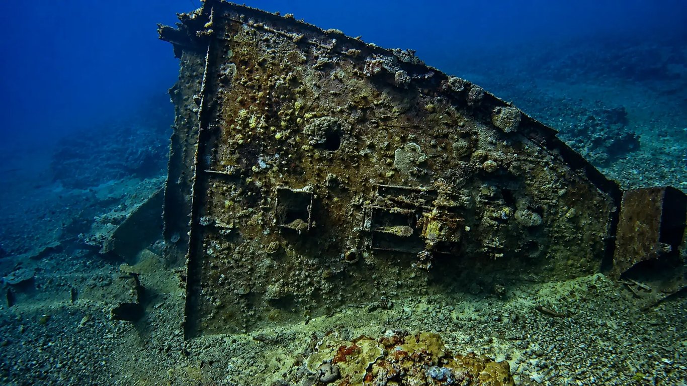 Coral-covered remains of the MV Belama freighter near Owen's Reef, Vanuatu