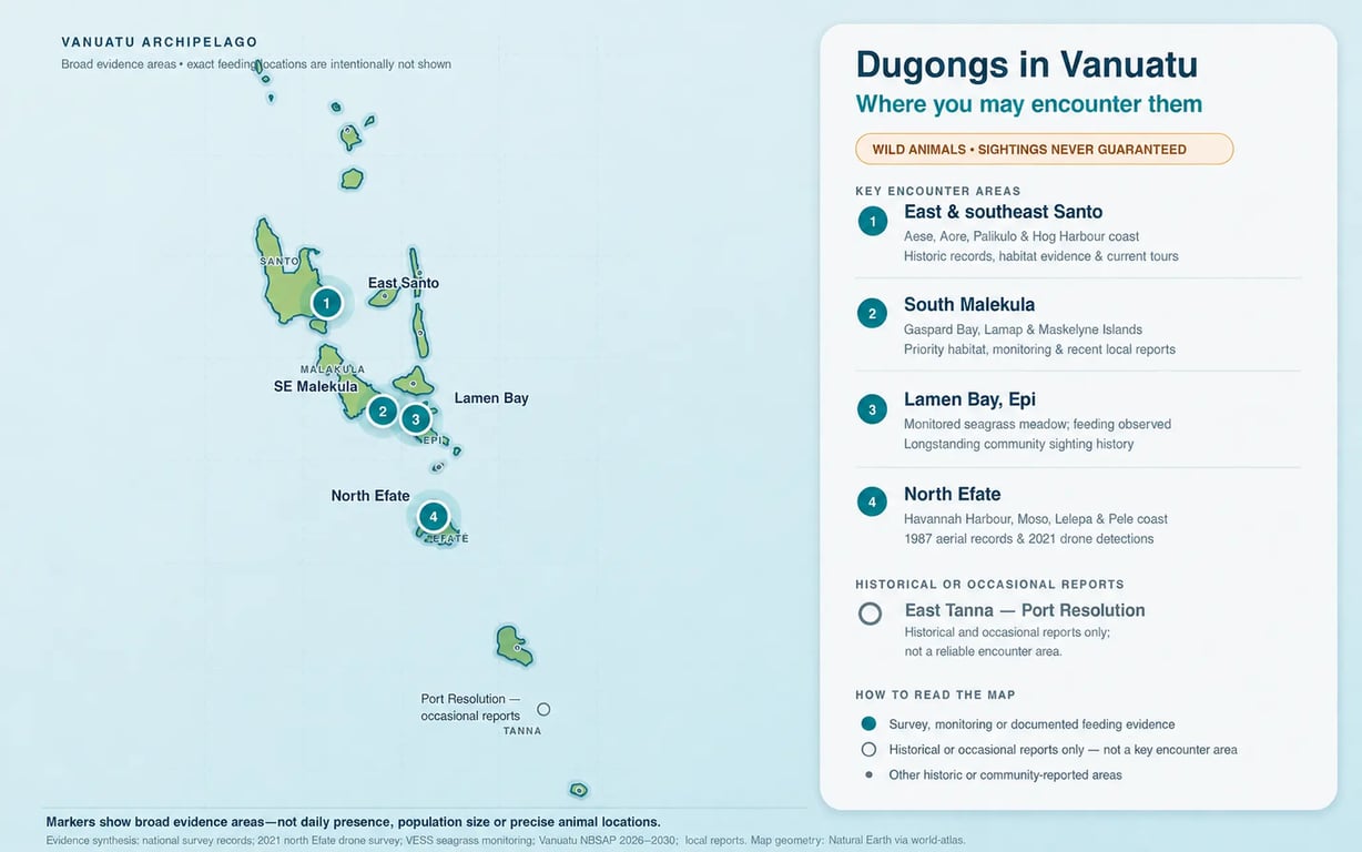 Map of Vanuatu marking east Santo, south Malekula, Lamen Bay on Epi and north Efate as key dugong evidence areas, with east Tanna shown only as historical or occasional