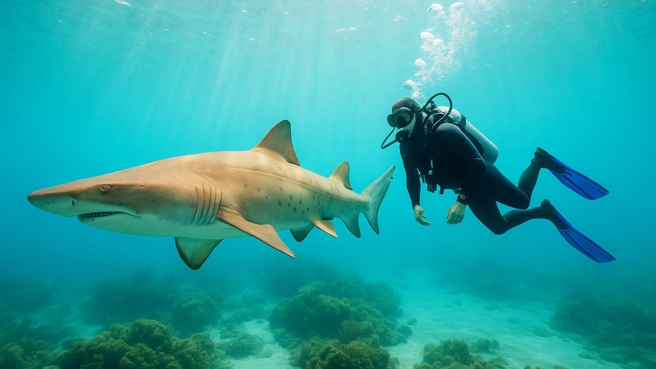 Scuba diver swimming beside a grey nurse shark in the open ocean