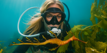 Beginner diver exploring underwater sea life with a weedy sea dragon