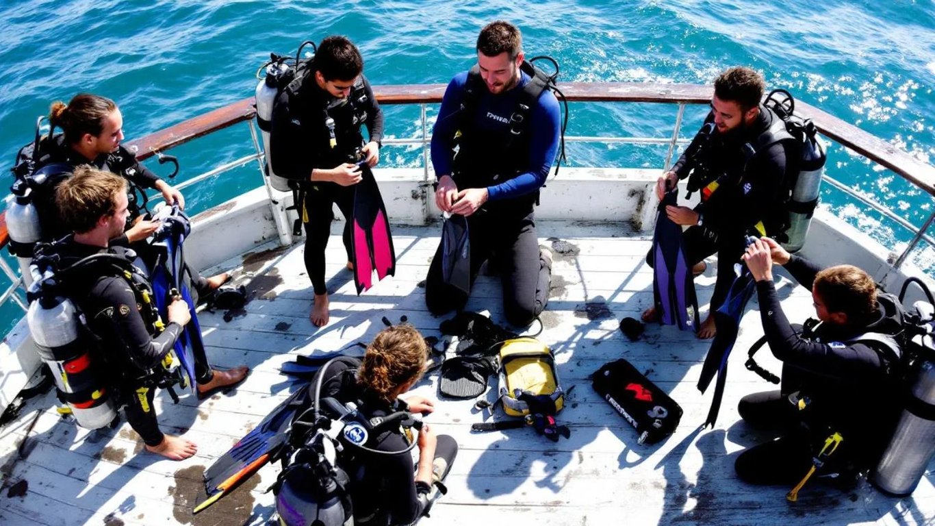 A group of scuba diving students, accompanied by an instructor, is preparing their scuba diving equipment on the deck of a boat, eagerly anticipating their adventure in the aquatic world. The scene captures the excitement of learning to dive, with the students geared up for their dive course, ready to explore the wonders of marine life.