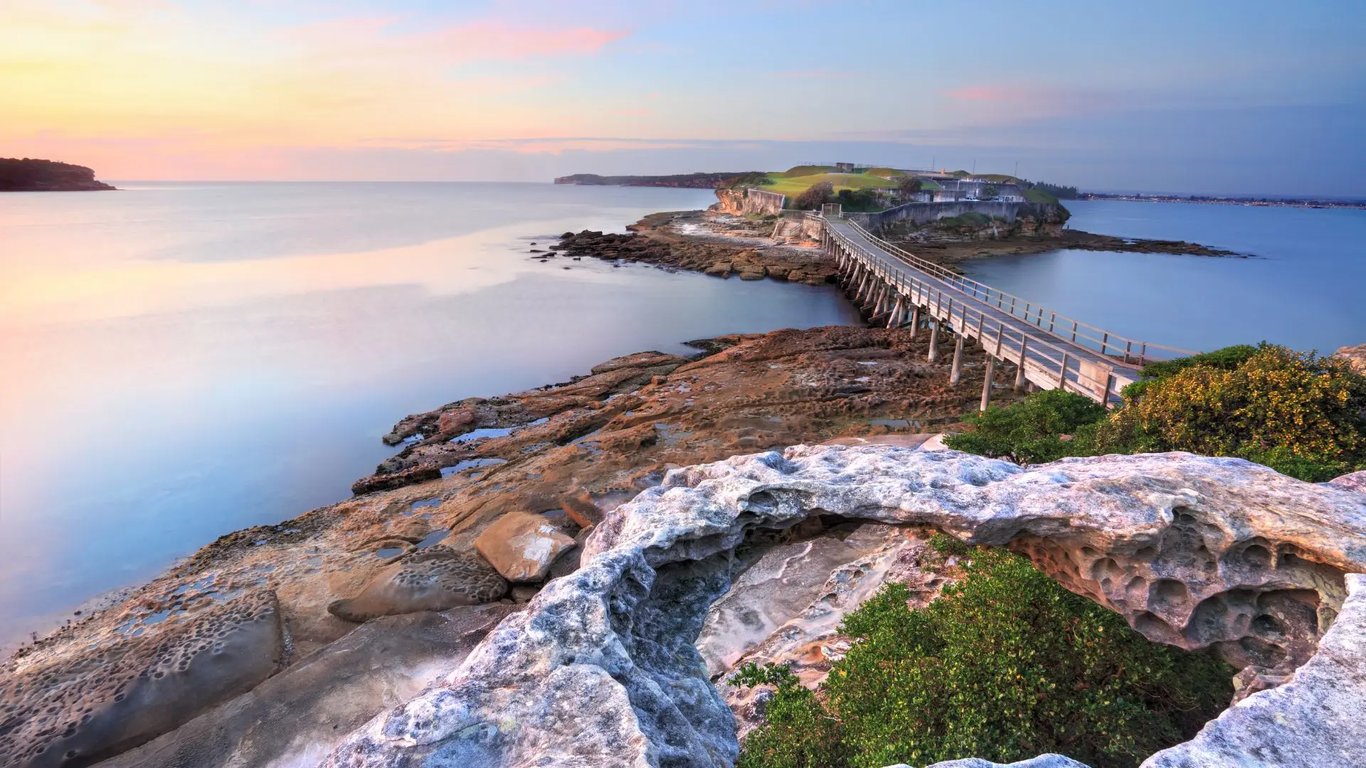View across the bridge to Bare Island Fort from the La Perouse mainland