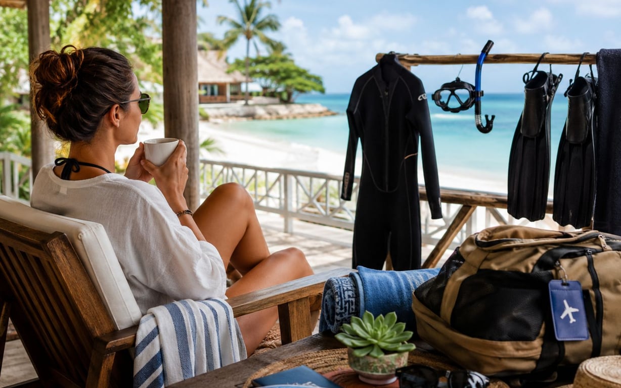 Diver relaxing while dive gear dries near the end of an overseas holiday